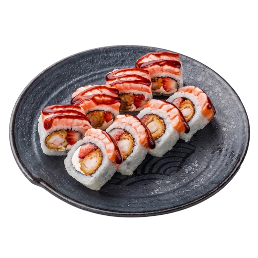 Филадельфия Де Люкс с лососем абури, креветкой панко и клубникой