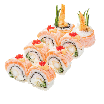 Рол Філадельфія Де Люкс з лососем абурі, креветкою темпура та крабміксом